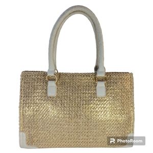 BEBE Handbag White Faux Snake Skin & Gold Weave Interior Pockets Magnetic